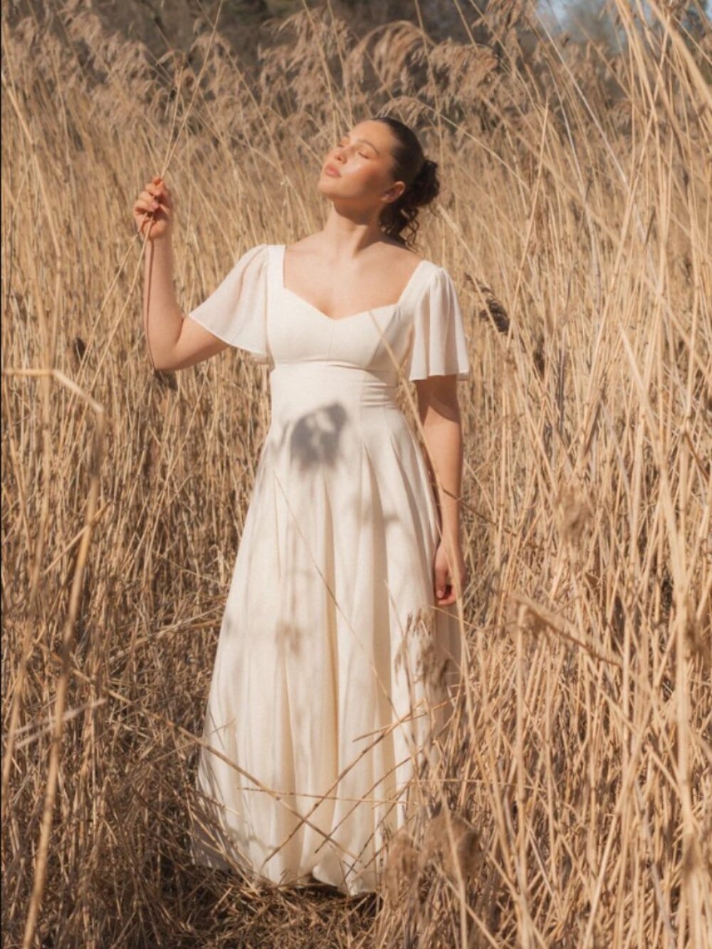 Elegant Cream Flutter-Sleeve Wedding Dress